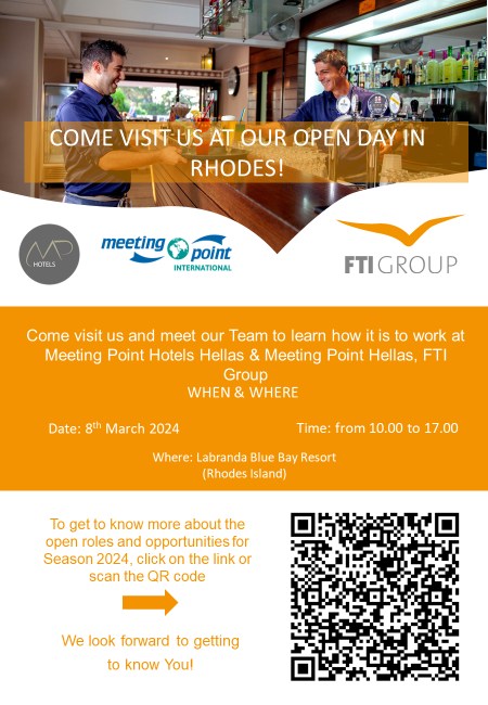 COME VISIT US AT OUR OPEN DAY IN RHODES! MP HOTELS - MEETING POINT INTERNATIONAL- FTI GROUP  DATE 08/03/24, TIME 10.00-17.00   WHERE : LABRANDA BLUE BAY RESORT (RHODES ISLAND)  